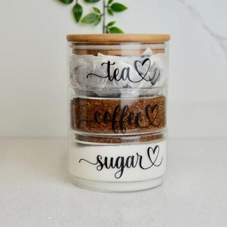 Small Stackable Tea Coffee Sugar Jars in Glass & Bamboo