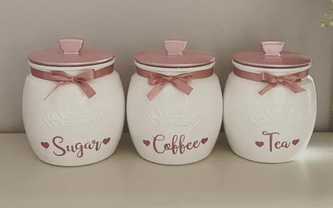 Pink Tea Coffee Sugar Jars with Labels & Ribbon Trim