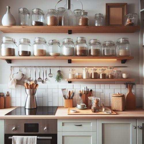 clear glass canisters for the kitchen displayed attractively on shelving